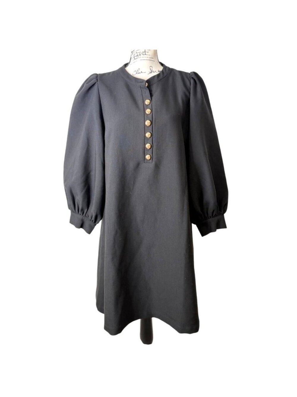 Pomander Place Womens Size XL Black Crepe Samantha Dress Puff Sleeve Gold-Button - Picture 2 of 7
